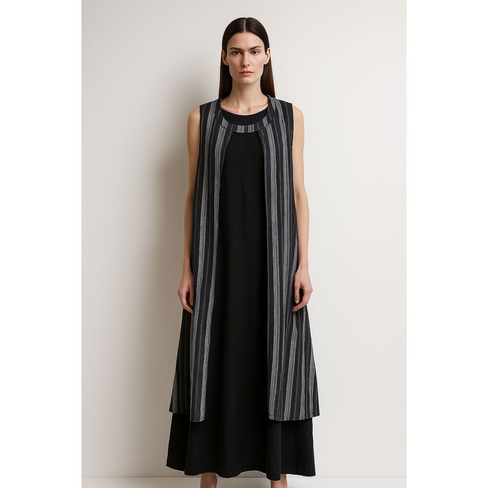 Patricia Luca Midi Cotton Dress with Striped Overlay in Black and White 6 NWOT
